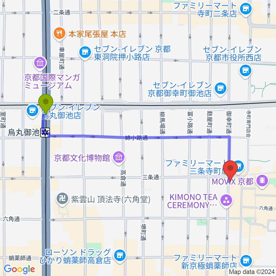 烏丸御池駅からギア-GEAR-専用劇場へのルートマップ地図