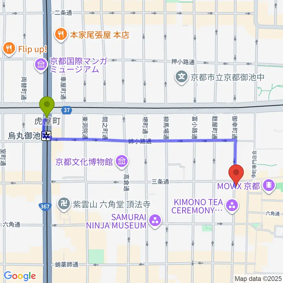 烏丸御池駅からギア-GEAR-専用劇場へのルートマップ地図