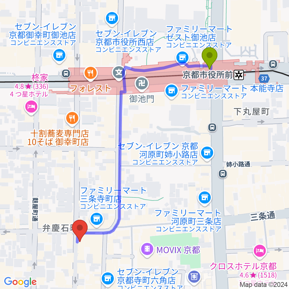 ギア-GEAR-専用劇場の最寄駅京都市役所前駅からの徒歩ルート（約6分）地図