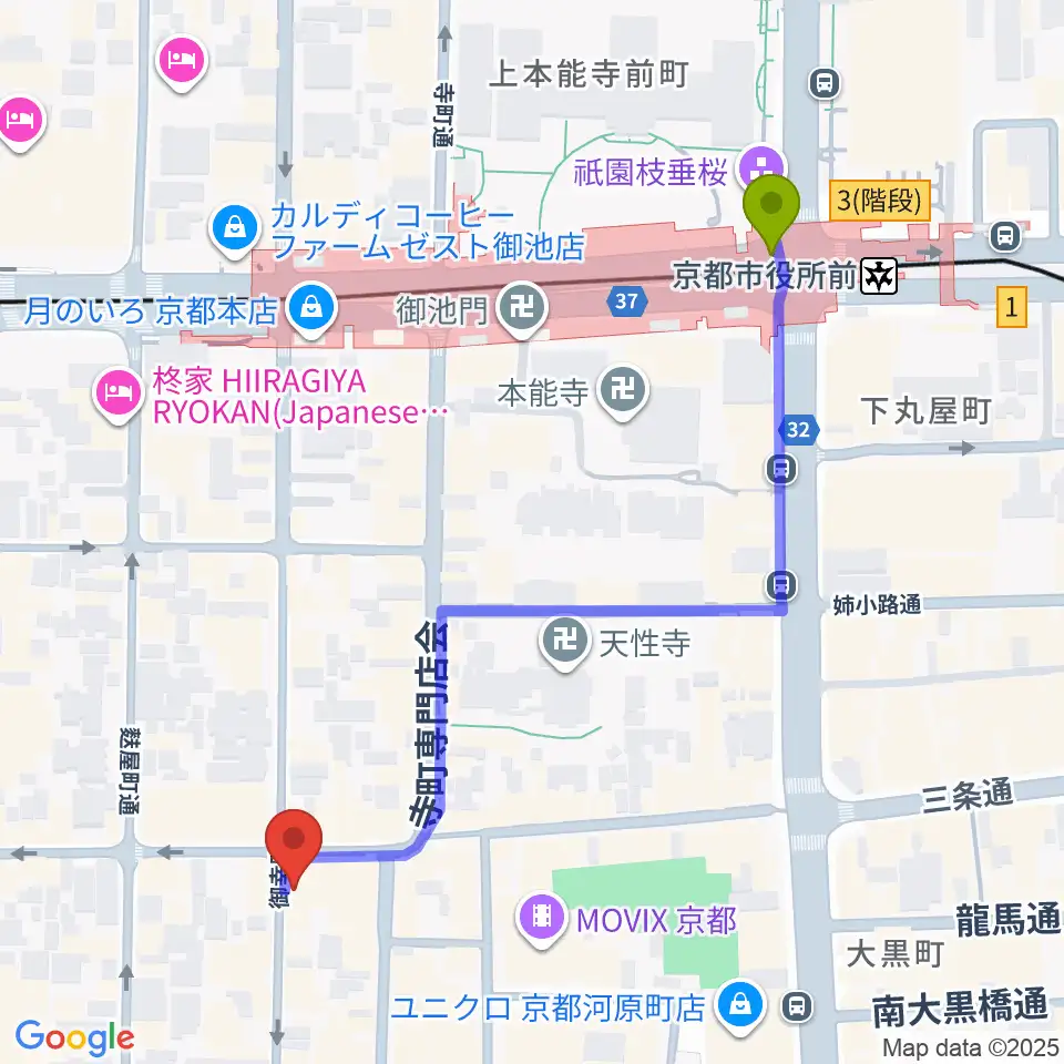 ギア-GEAR-専用劇場の最寄駅京都市役所前駅からの徒歩ルート（約6分）地図