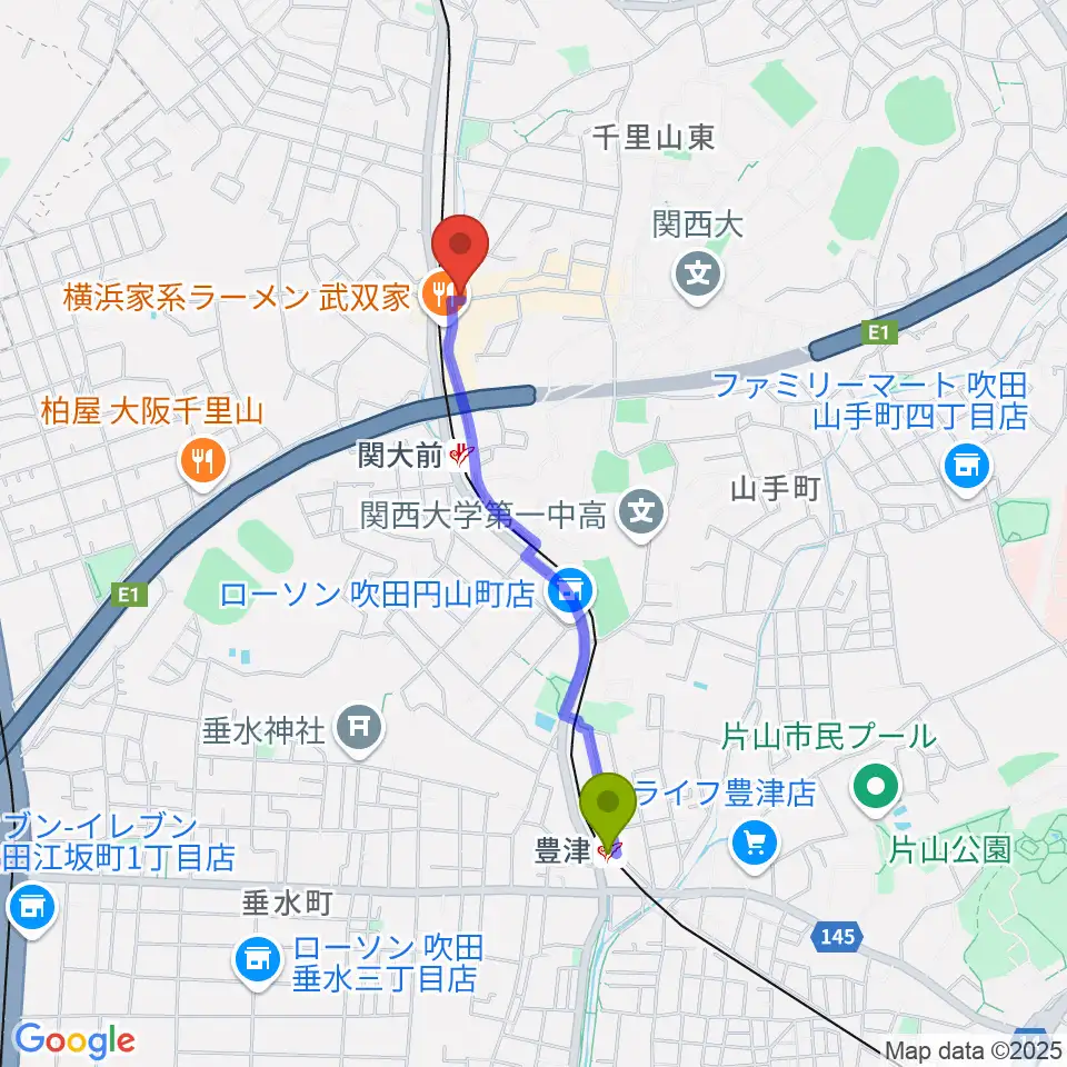 豊津駅から関大前スタジオパレットへのルートマップ地図