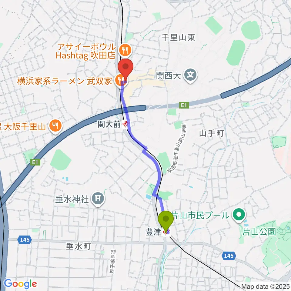 豊津駅から関大前スタジオパレットへのルートマップ地図