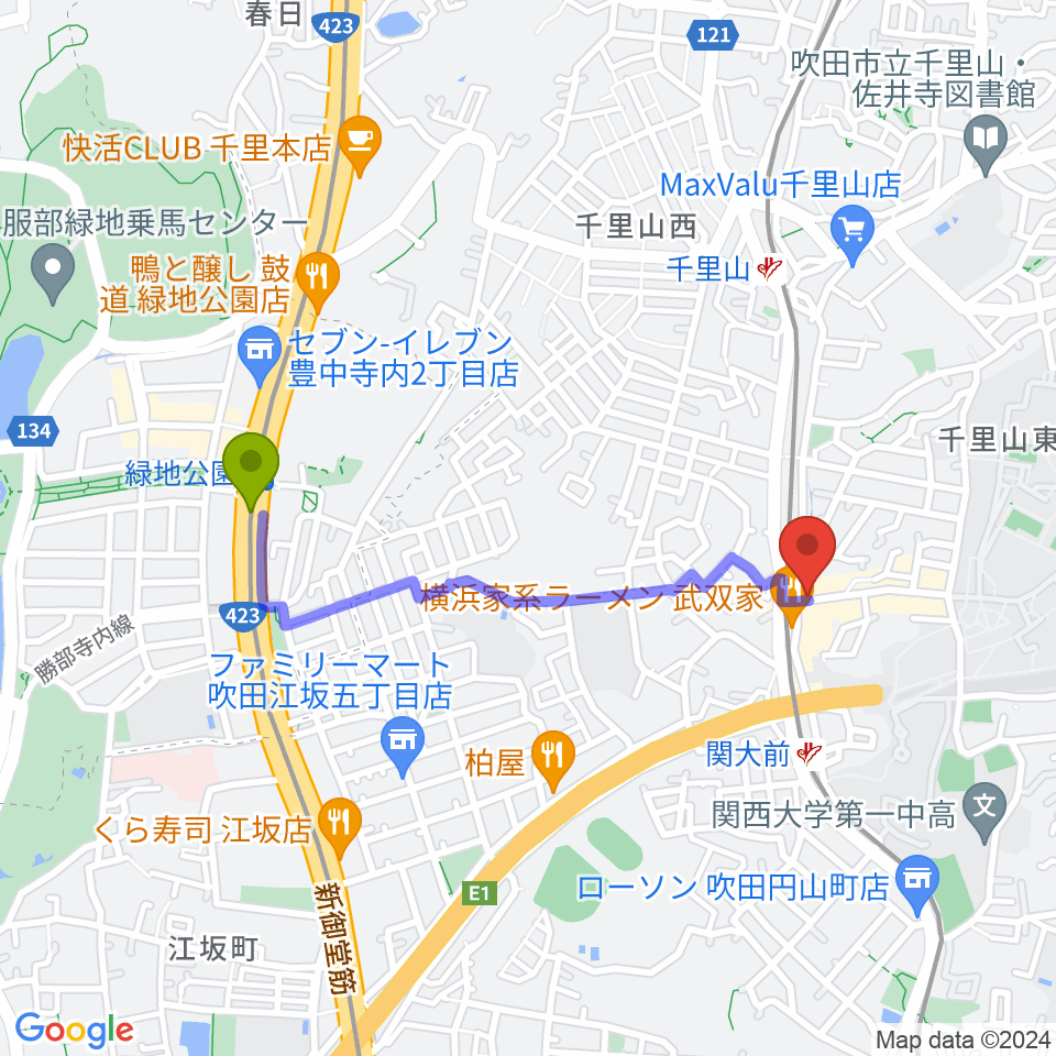 緑地公園駅から関大前スタジオパレットへのルートマップ地図