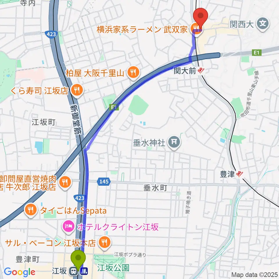 江坂駅から関大前スタジオパレットへのルートマップ地図
