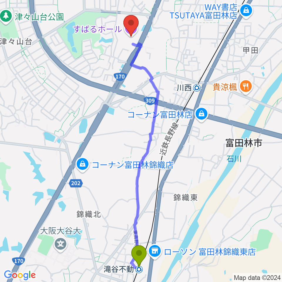 滝谷不動駅からすばるホール 音楽練習室へのルートマップ地図