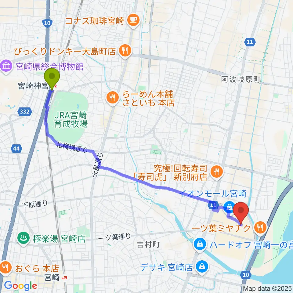 宮崎神宮駅から島村楽器イオンモール宮崎店へのルートマップ地図