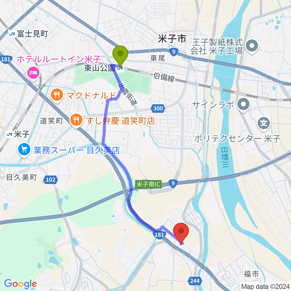 音楽天国 鳥取米子店の最寄駅東山公園駅からの徒歩ルート（約40分）地図