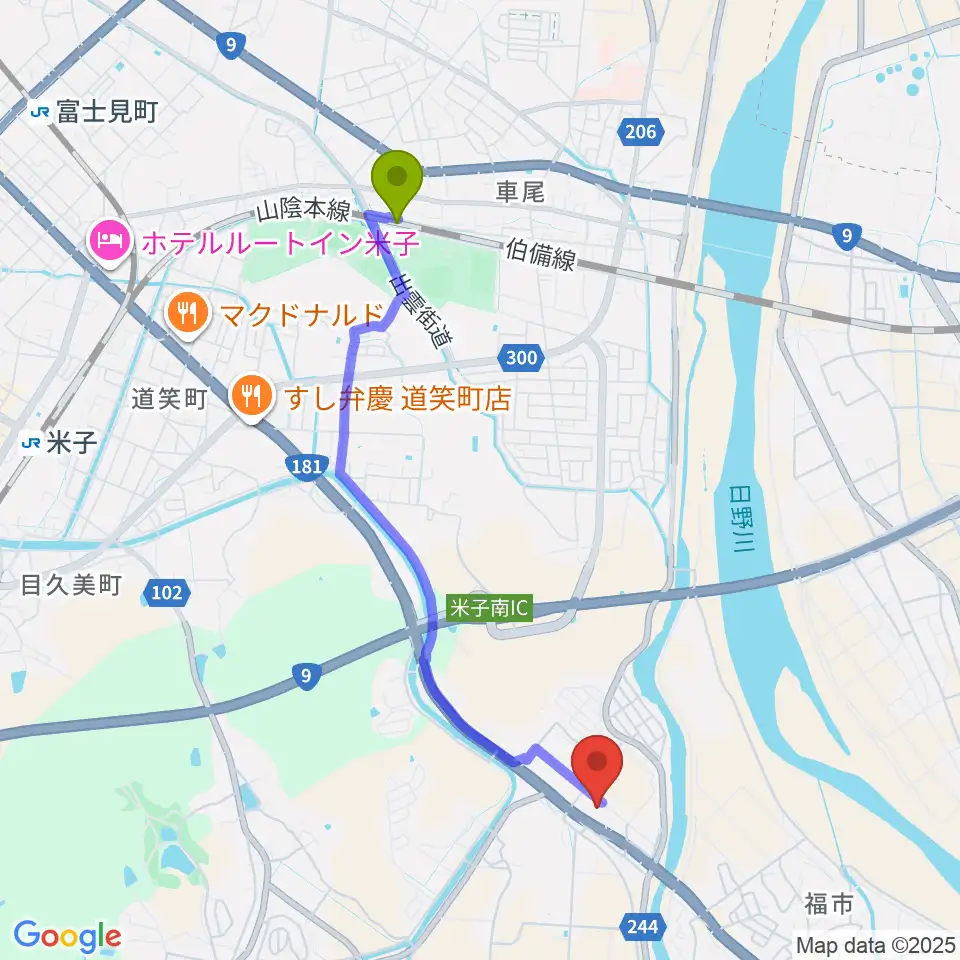 音楽天国 鳥取米子店の最寄駅東山公園駅からの徒歩ルート（約40分）地図