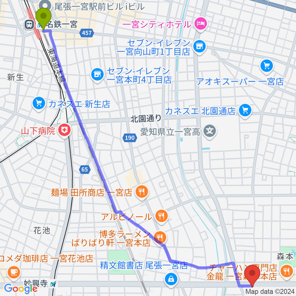 尾張一宮駅からアム グリフブレットへのルートマップ地図