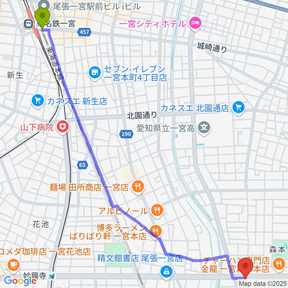 尾張一宮駅からアム グリフブレットへのルートマップ地図