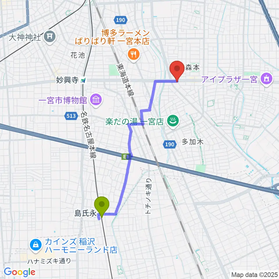 島氏永駅からアム グリフブレットへのルートマップ地図