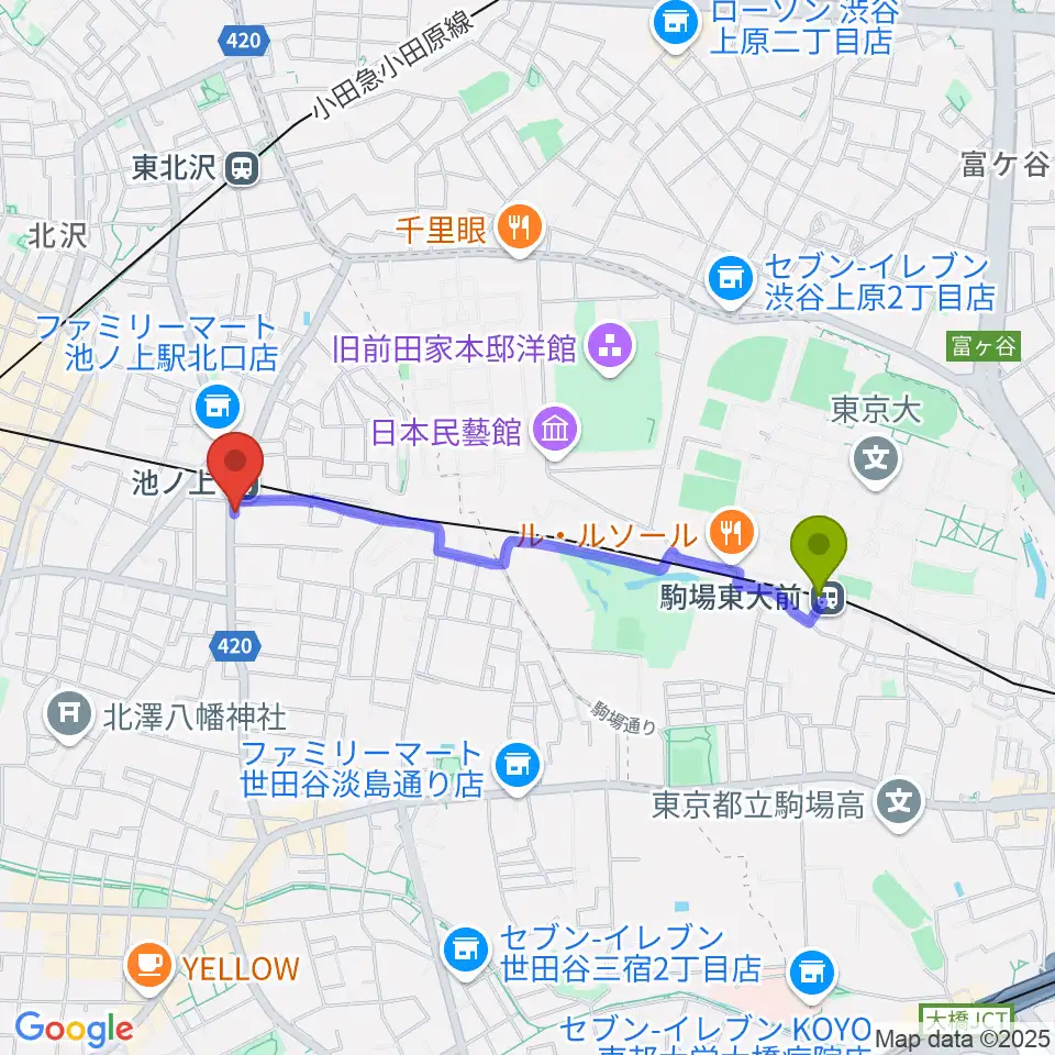駒場東大前駅からThe Guitar Loungeへのルートマップ地図