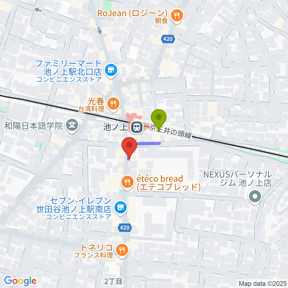 The Guitar Loungeの最寄駅池ノ上駅からの徒歩ルート（約1分）地図