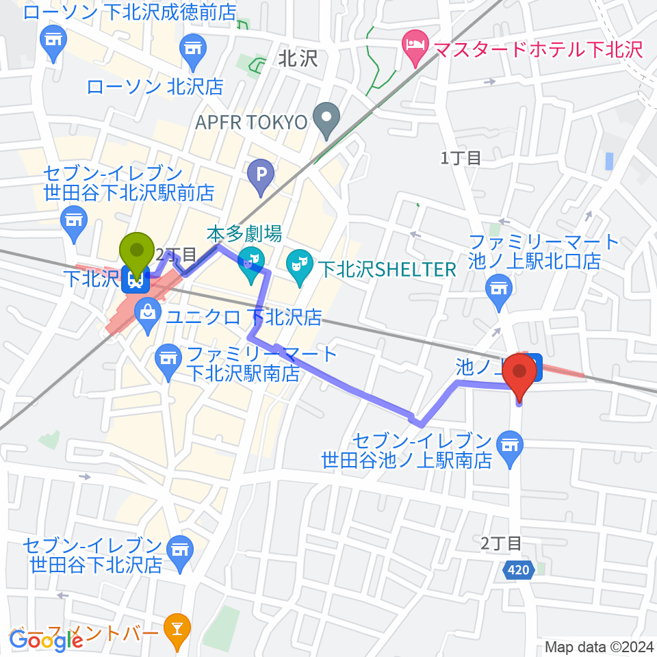 下北沢駅からThe Guitar Loungeへのルートマップ地図