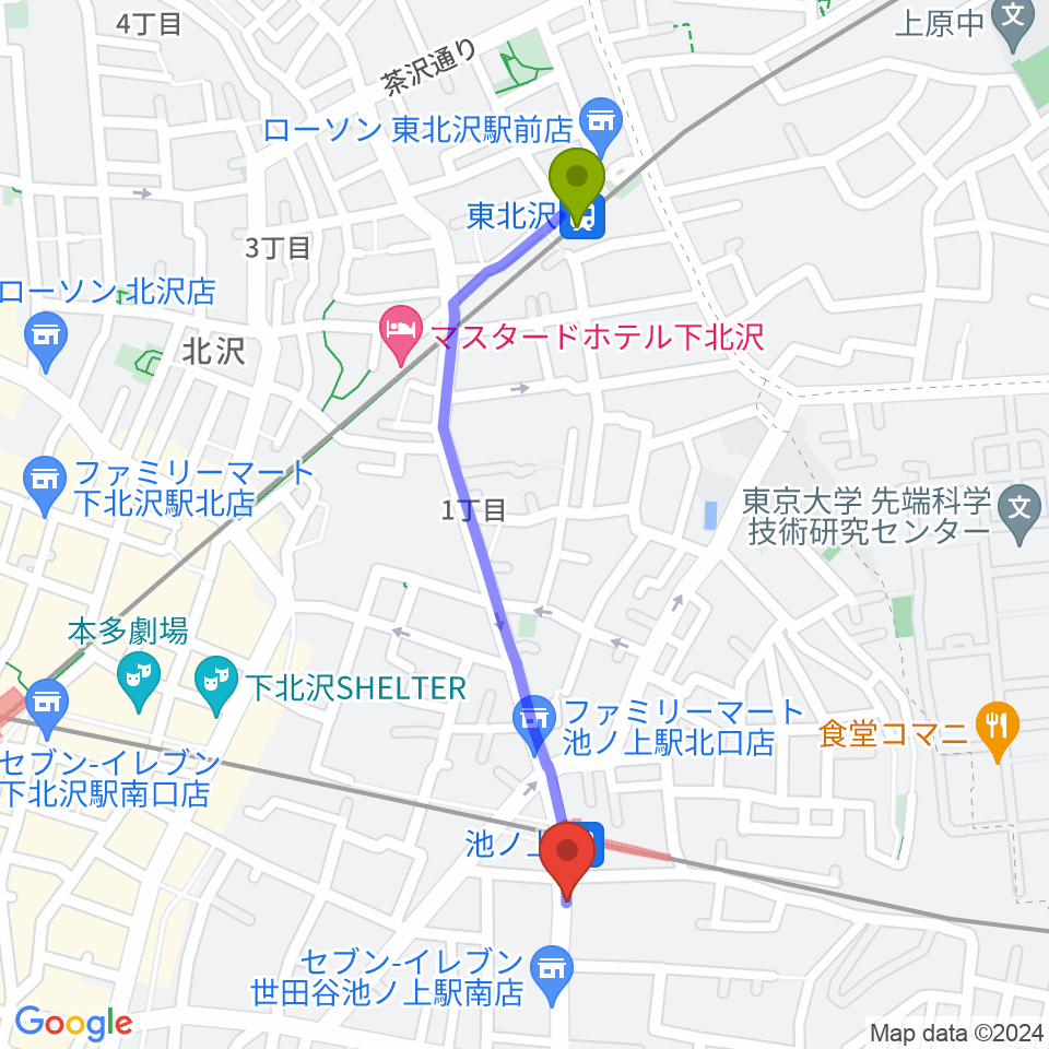 東北沢駅からThe Guitar Loungeへのルートマップ地図