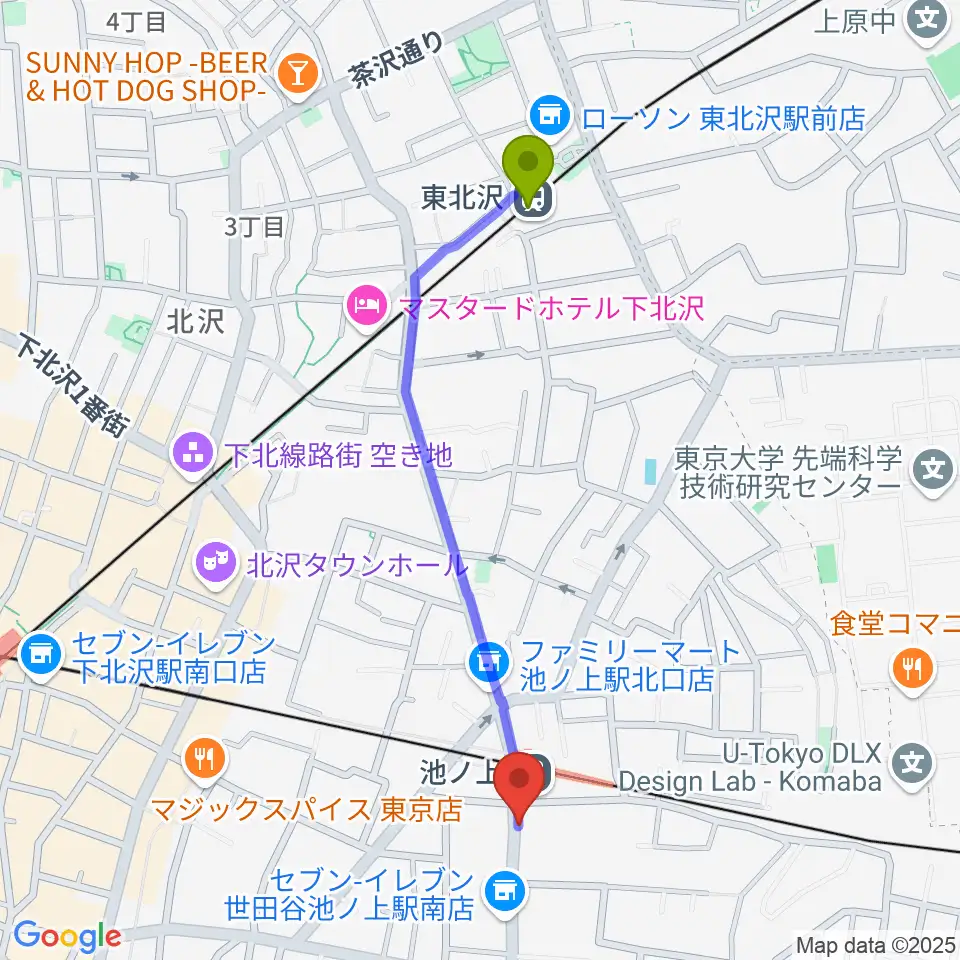 東北沢駅からThe Guitar Loungeへのルートマップ地図