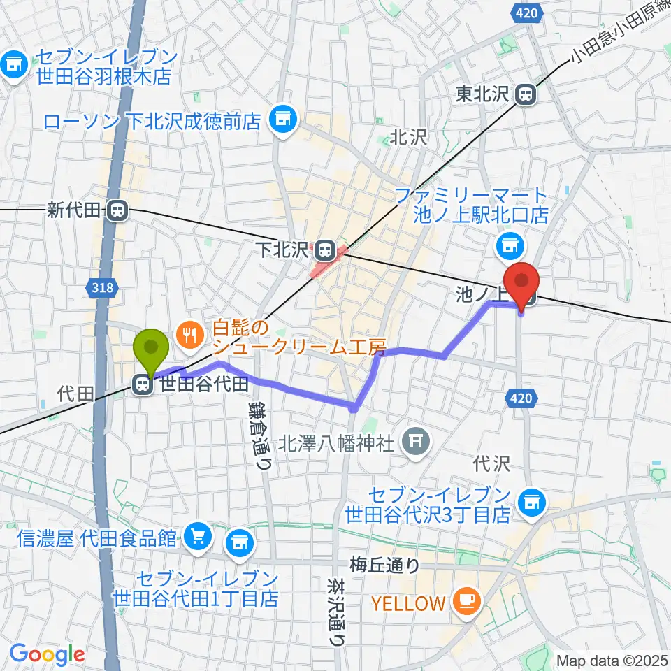 世田谷代田駅からThe Guitar Loungeへのルートマップ地図