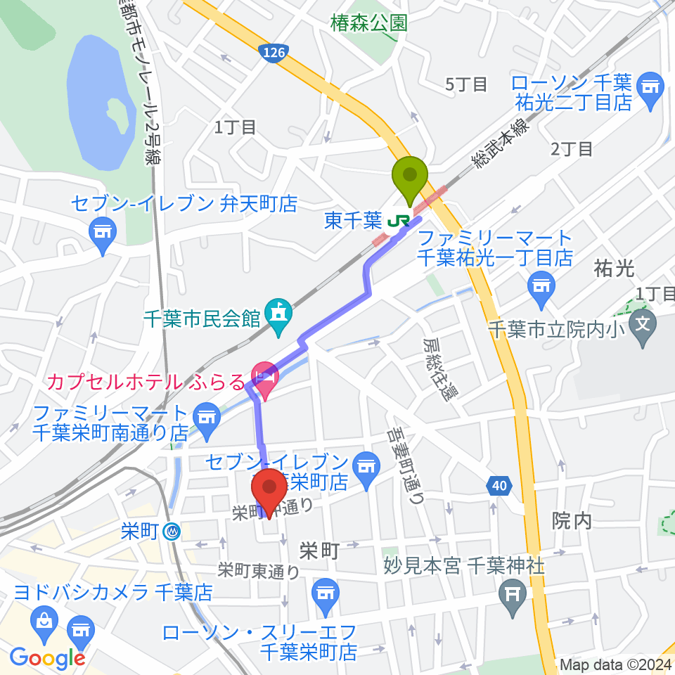 東千葉駅からY'S GUITARへのルートマップ地図