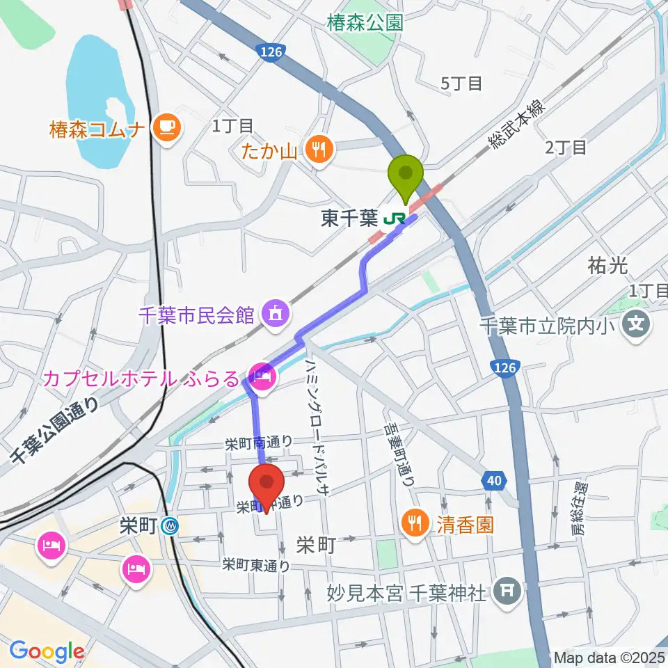 東千葉駅からY'S GUITARへのルートマップ地図