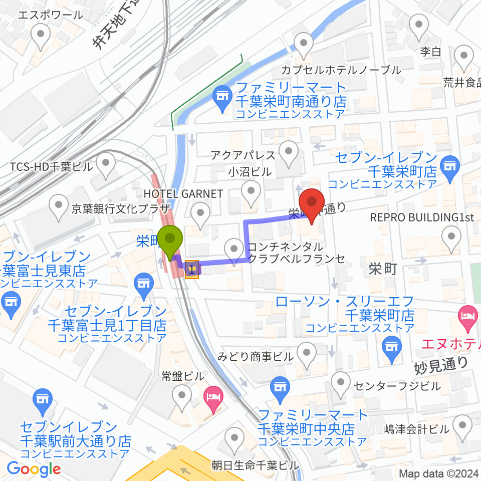 Y'S GUITARの最寄駅栄町駅からの徒歩ルート（約2分）地図