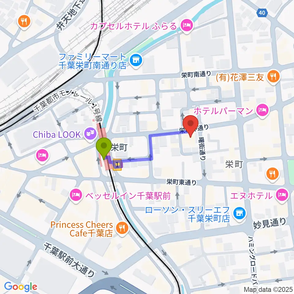 Y'S GUITARの最寄駅栄町駅からの徒歩ルート（約2分）地図
