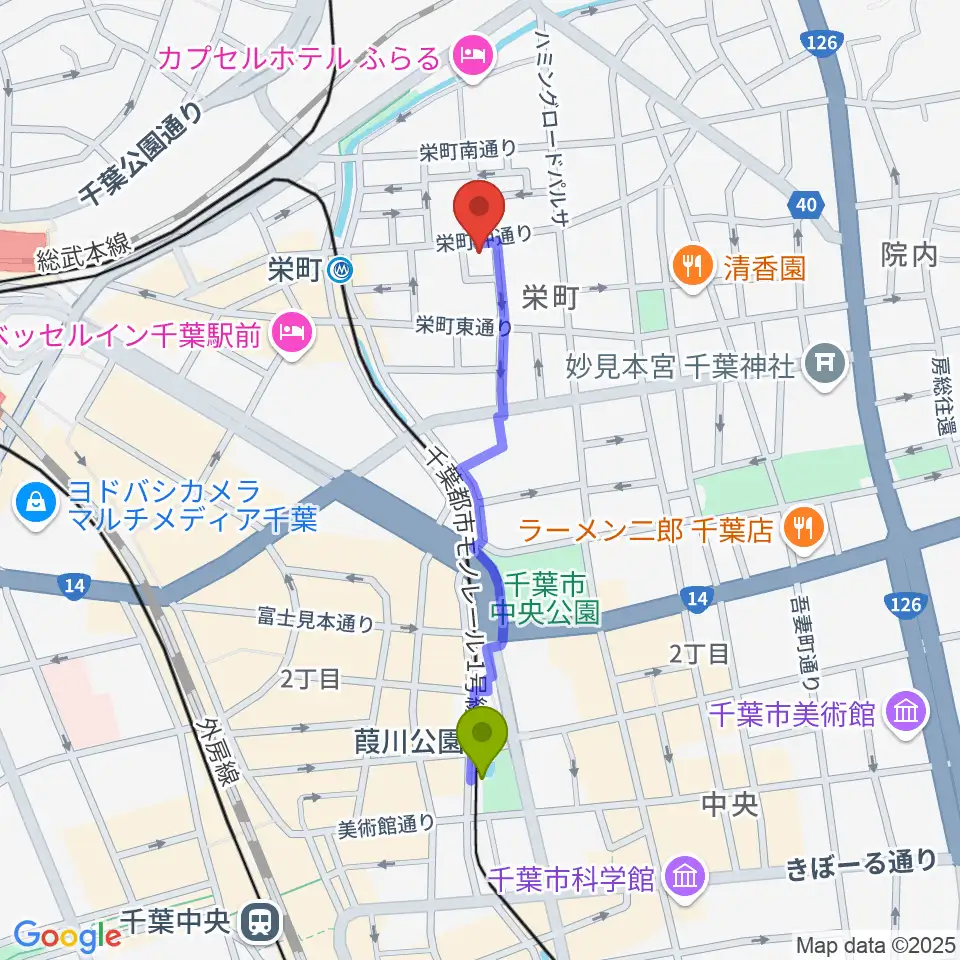 葭川公園駅からY'S GUITARへのルートマップ地図