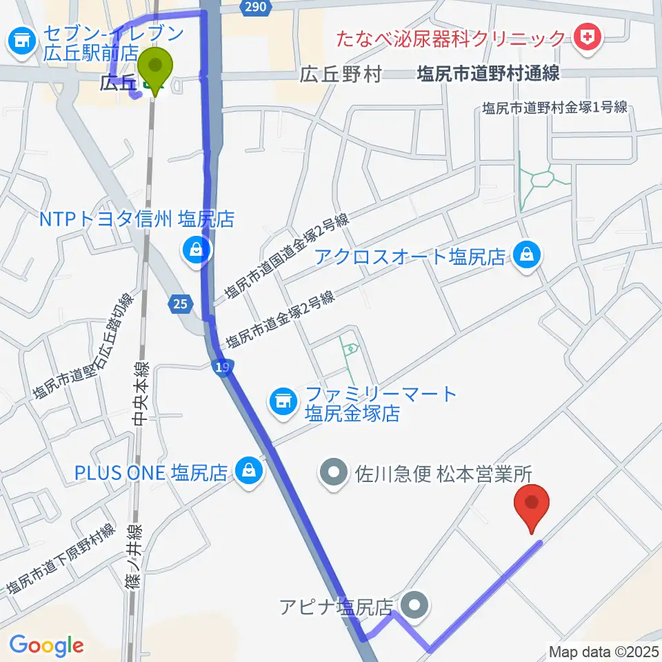 ティーズギターの最寄駅広丘駅からの徒歩ルート（約13分）地図