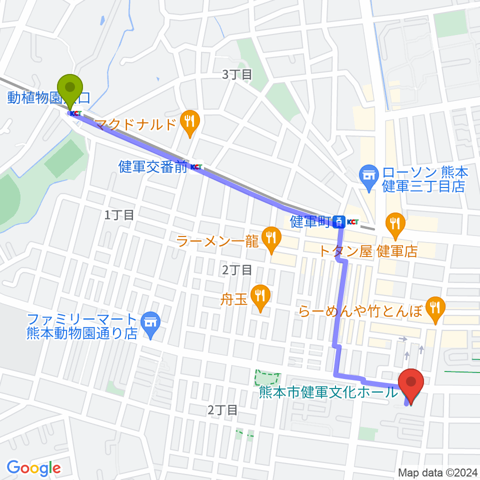 動植物園入口駅から熊本市健軍文化ホールへのルートマップ地図