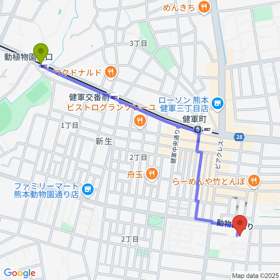 動植物園入口駅から熊本市健軍文化ホールへのルートマップ地図