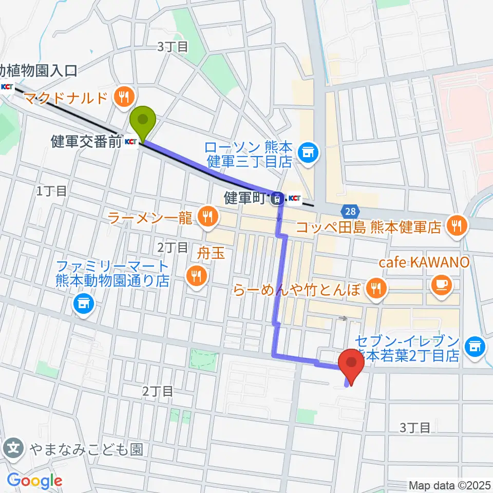 健軍交番前駅から熊本市健軍文化ホールへのルートマップ地図