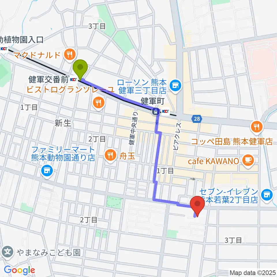健軍交番前駅から熊本市健軍文化ホールへのルートマップ地図