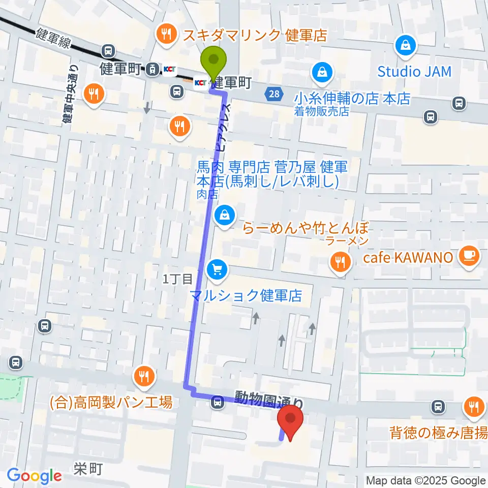 熊本市健軍文化ホールの最寄駅健軍町駅からの徒歩ルート（約6分）地図