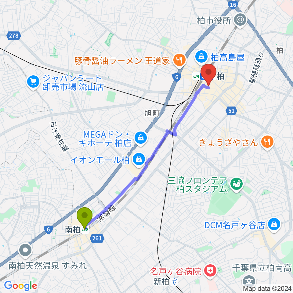 南柏駅から山野楽器 柏店へのルートマップ地図