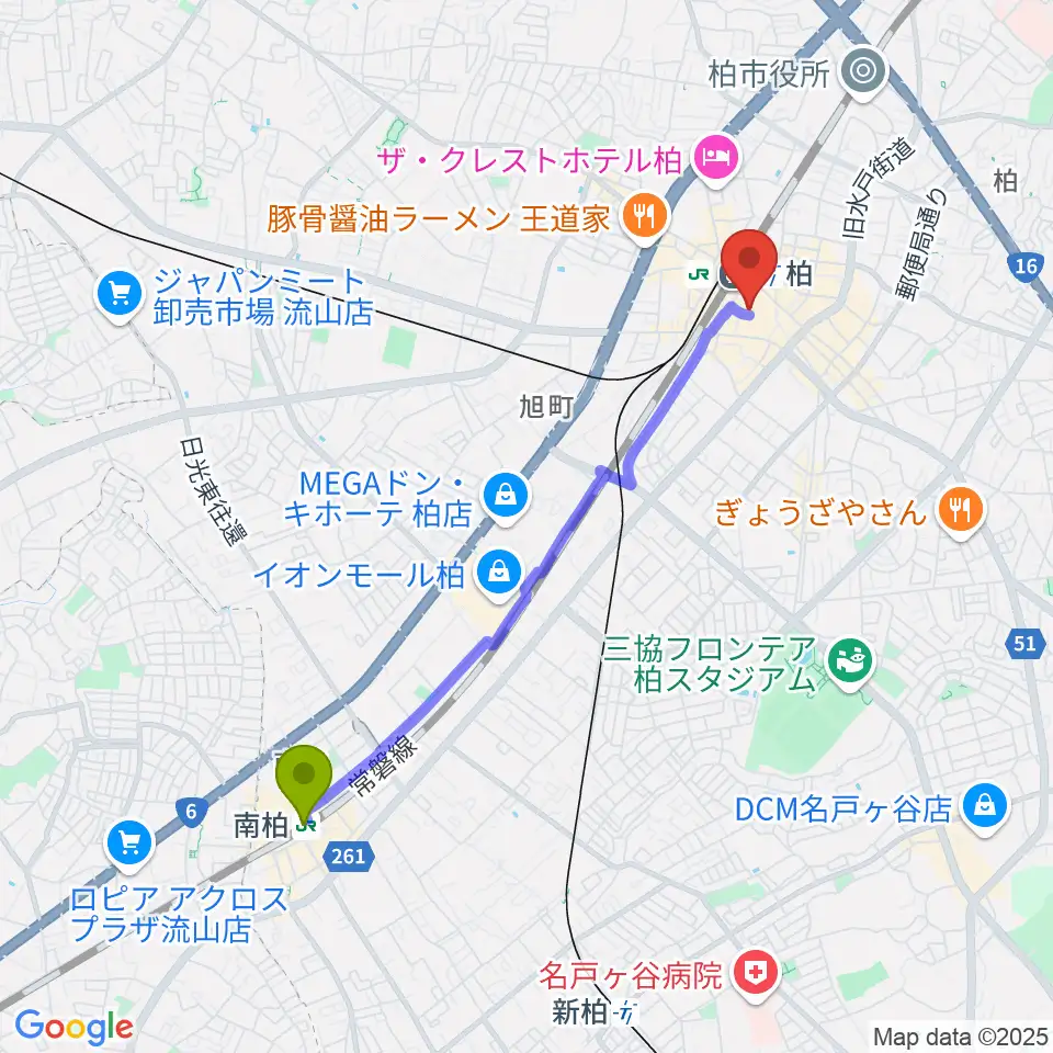 南柏駅から山野楽器 柏店へのルートマップ地図