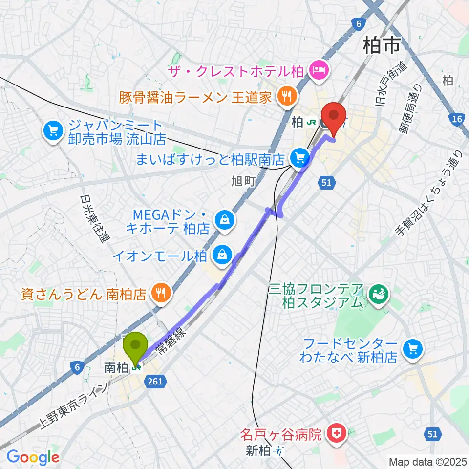 南柏駅から山野楽器 柏店へのルートマップ地図