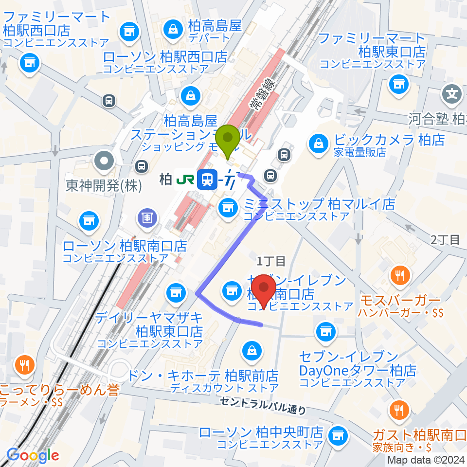 山野楽器 柏店の最寄駅柏駅からの徒歩ルート（約3分）地図