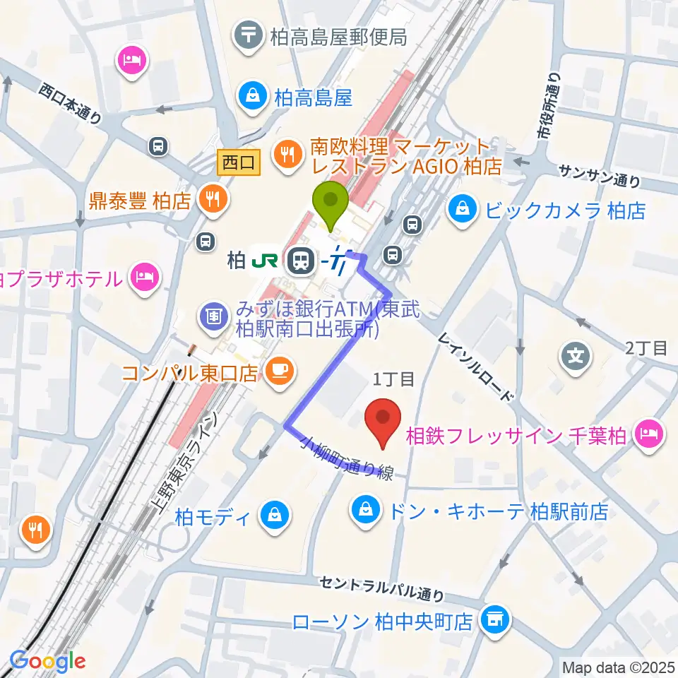 山野楽器 柏店の最寄駅柏駅からの徒歩ルート（約3分）地図