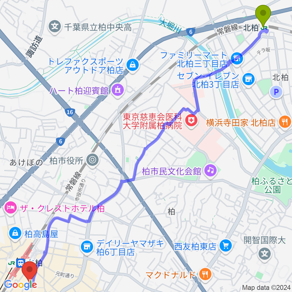 北柏駅から山野楽器 柏店へのルートマップ地図