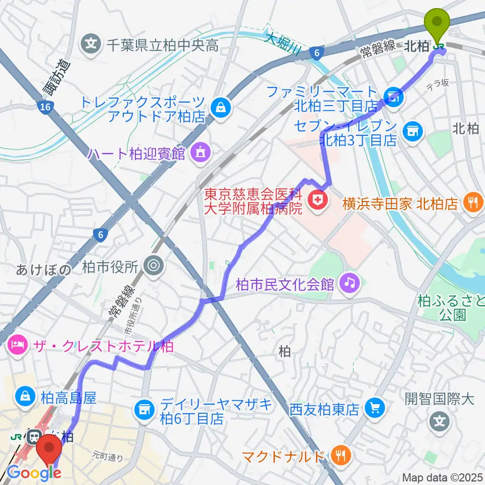 北柏駅から山野楽器 柏店へのルートマップ地図