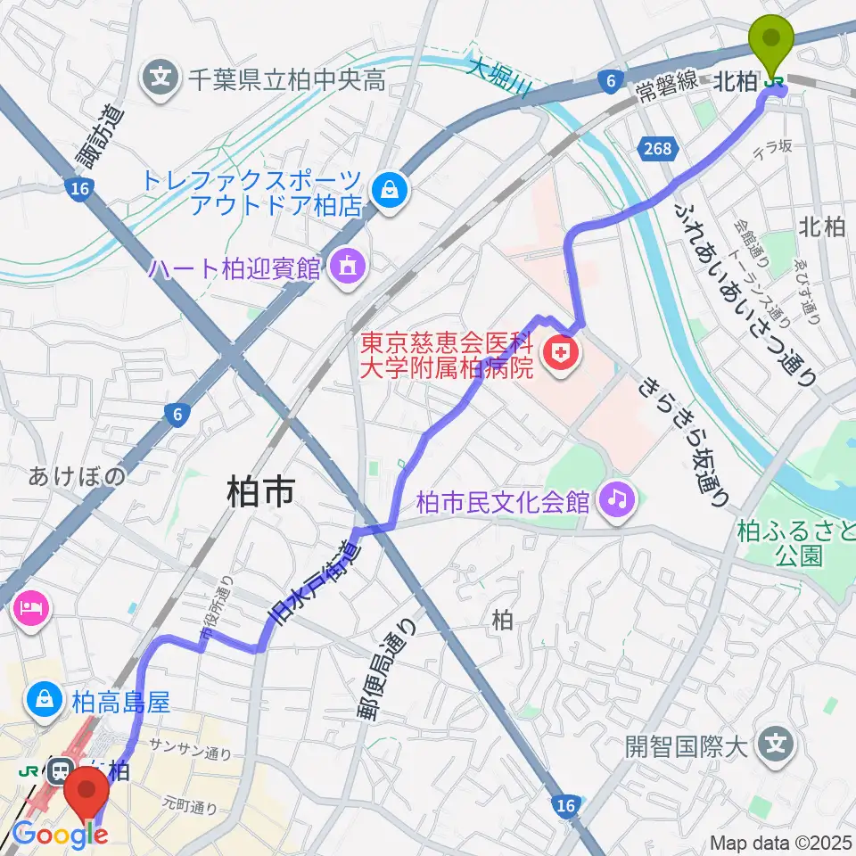 北柏駅から山野楽器 柏店へのルートマップ地図