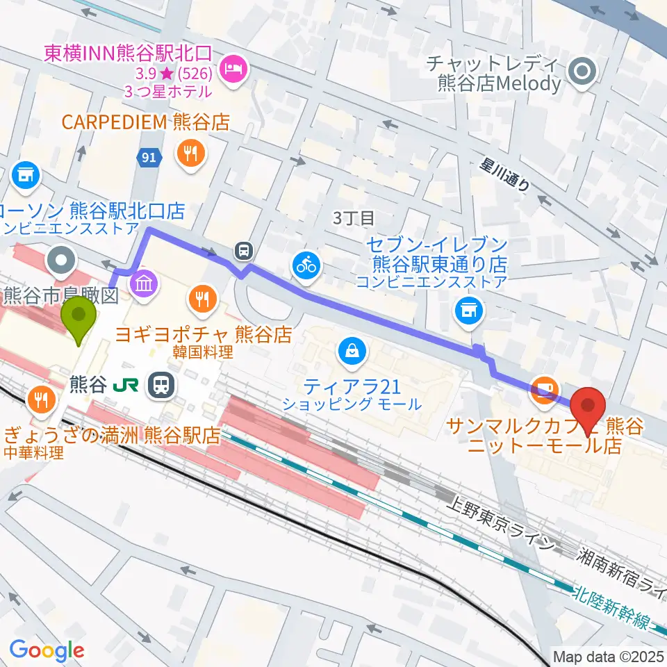 山野楽器サウンドクルー熊谷の最寄駅熊谷駅からの徒歩ルート（約6分）地図