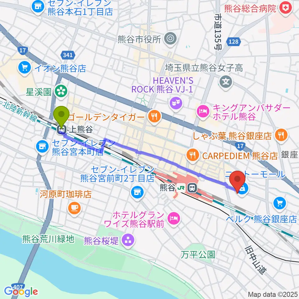 上熊谷駅から山野楽器サウンドクルー熊谷へのルートマップ地図