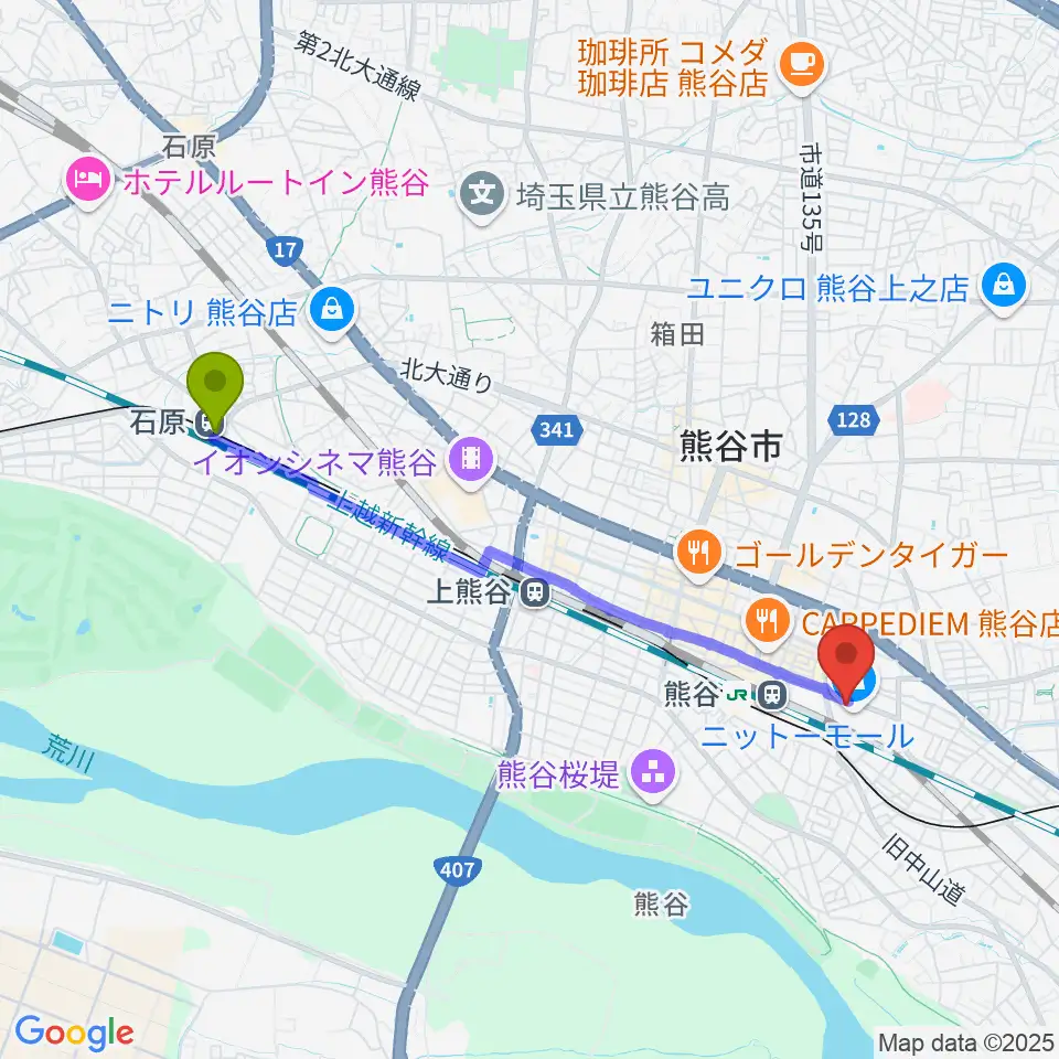 石原駅から山野楽器サウンドクルー熊谷へのルートマップ地図
