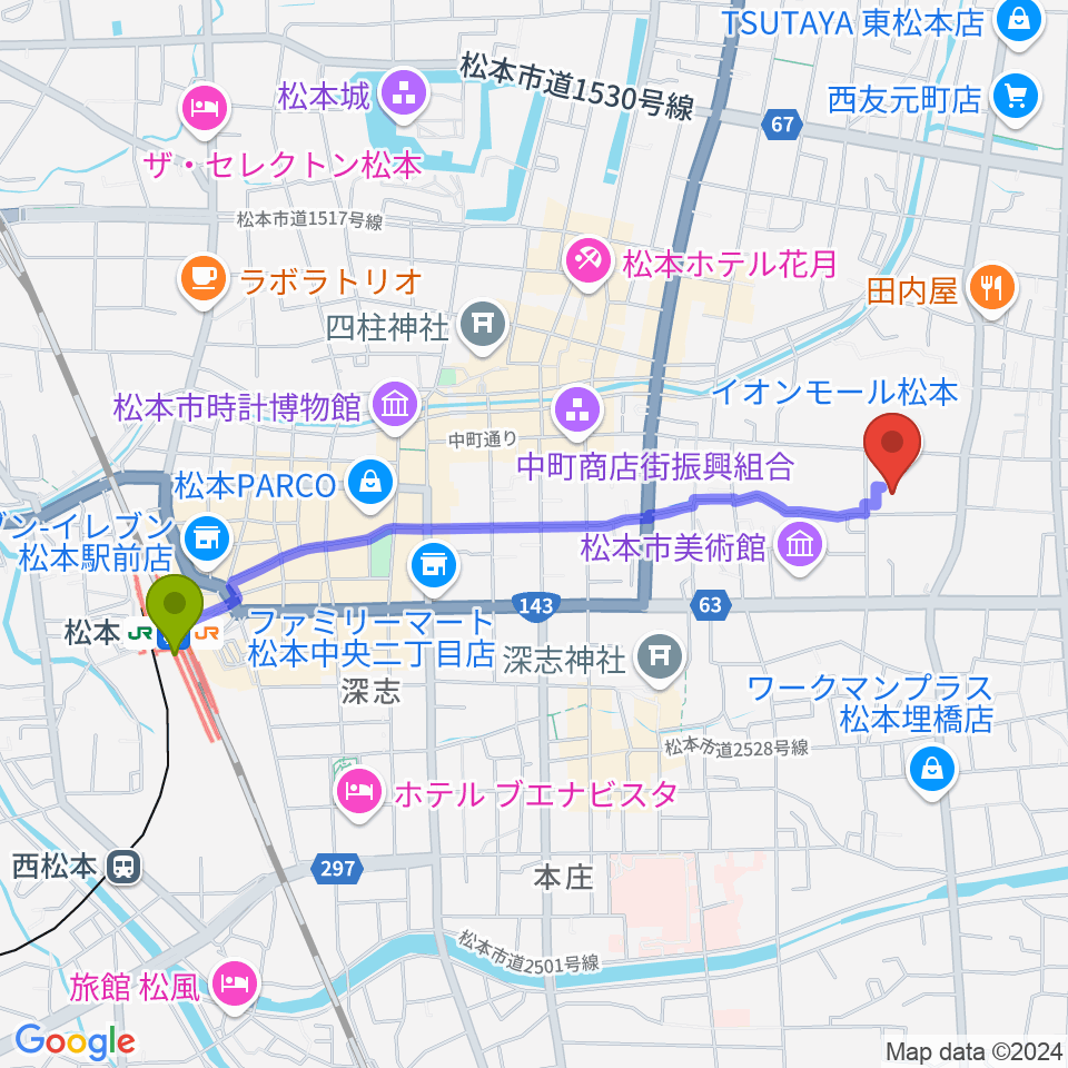 島村楽器 イオンモール松本店の最寄駅松本駅からの徒歩ルート（約21分）地図