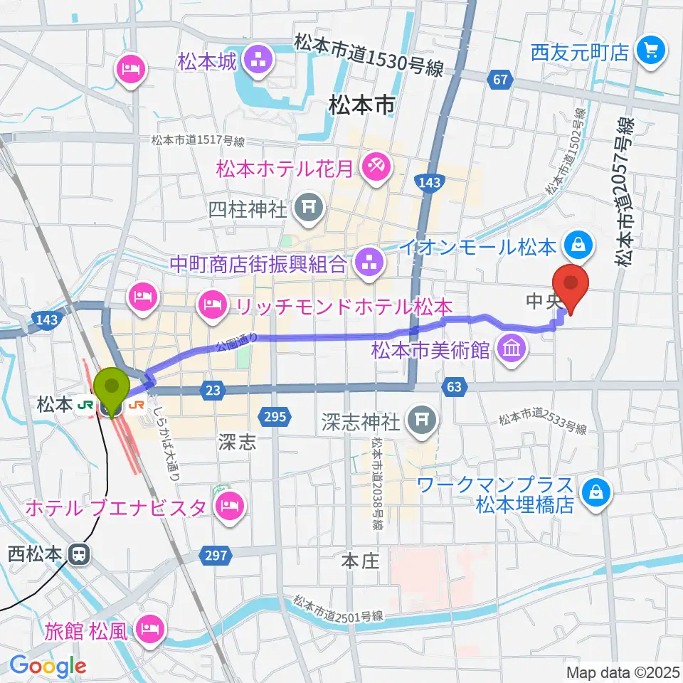島村楽器 イオンモール松本店の最寄駅松本駅からの徒歩ルート（約21分）地図