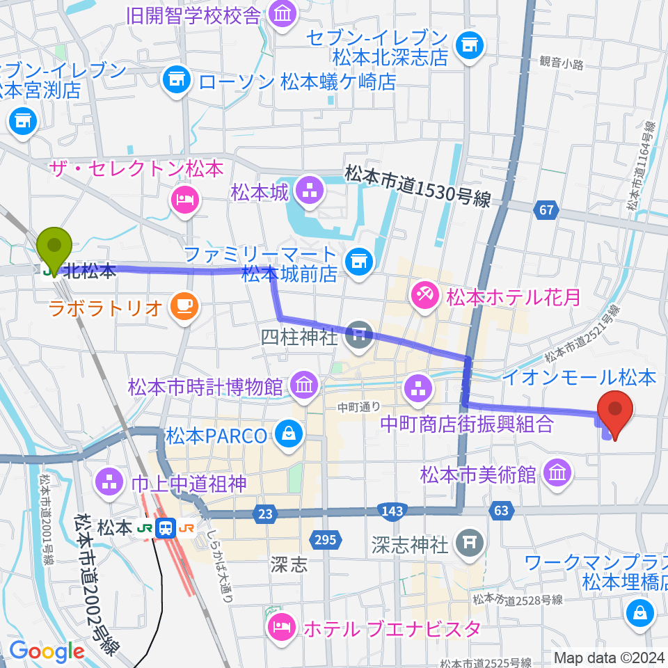 北松本駅から島村楽器 イオンモール松本店へのルートマップ地図