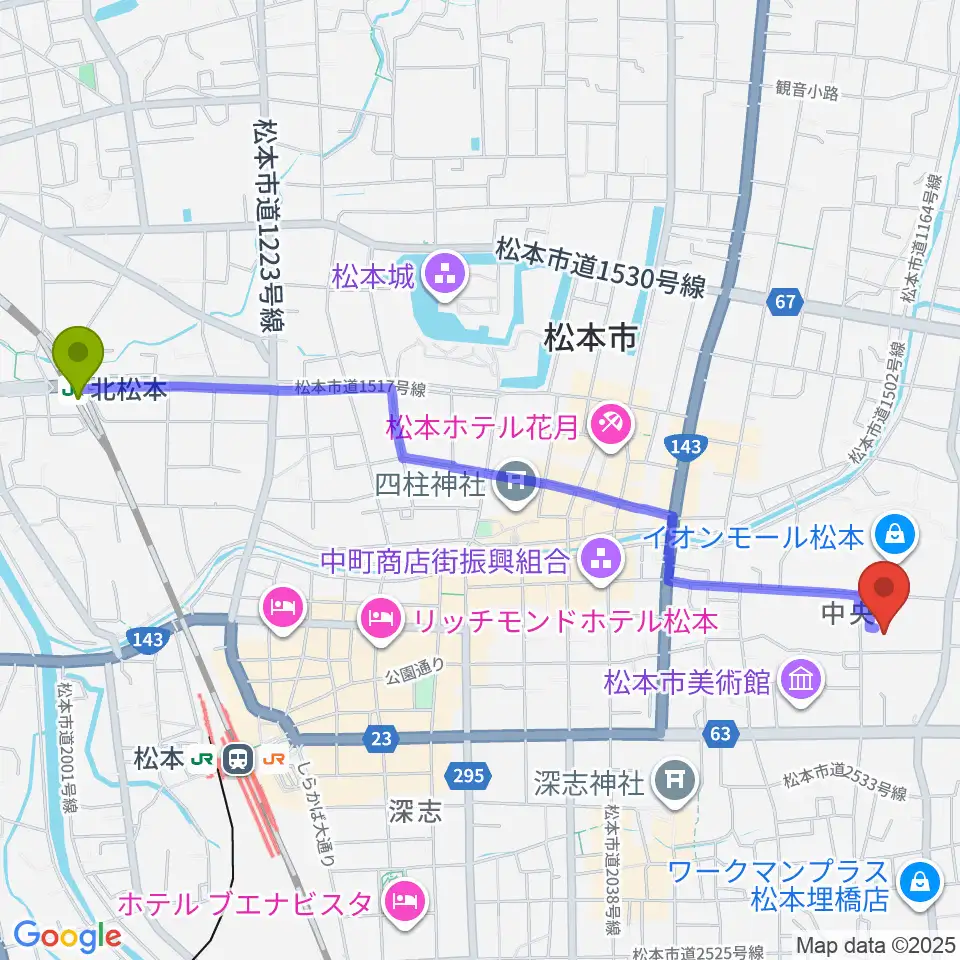 北松本駅から島村楽器 イオンモール松本店へのルートマップ地図