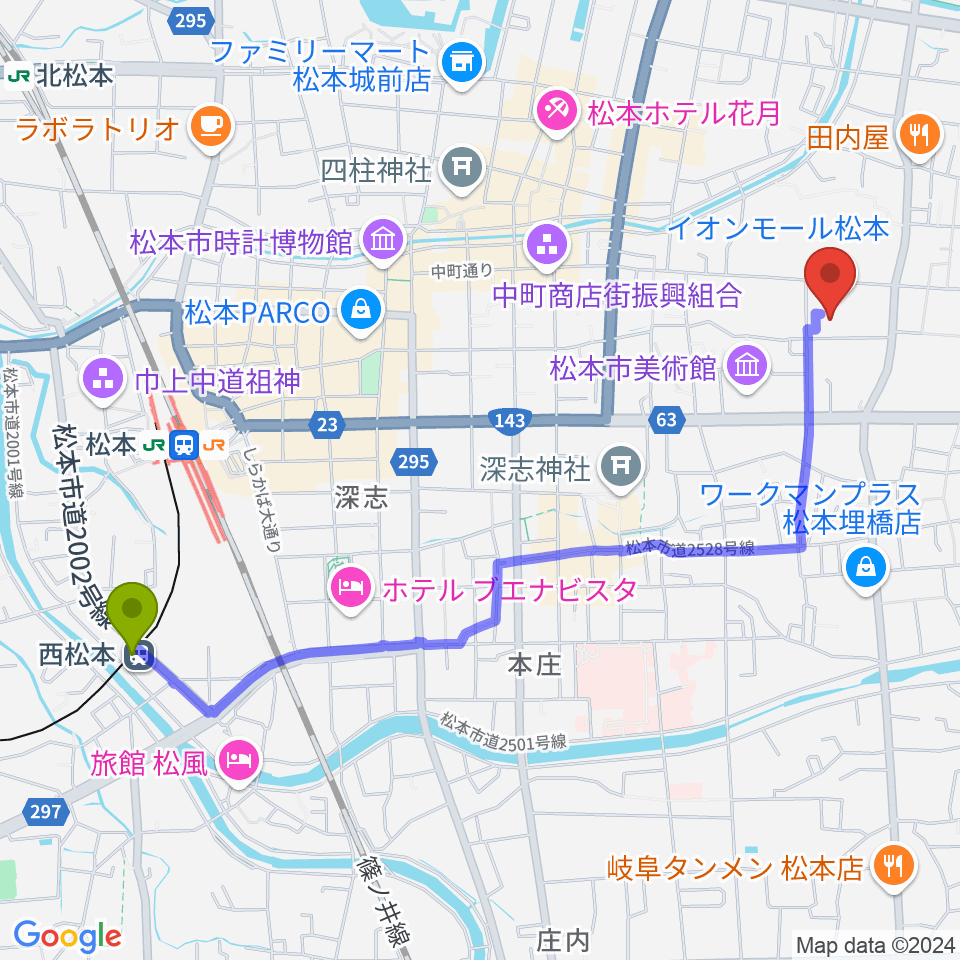 西松本駅から島村楽器 イオンモール松本店へのルートマップ地図