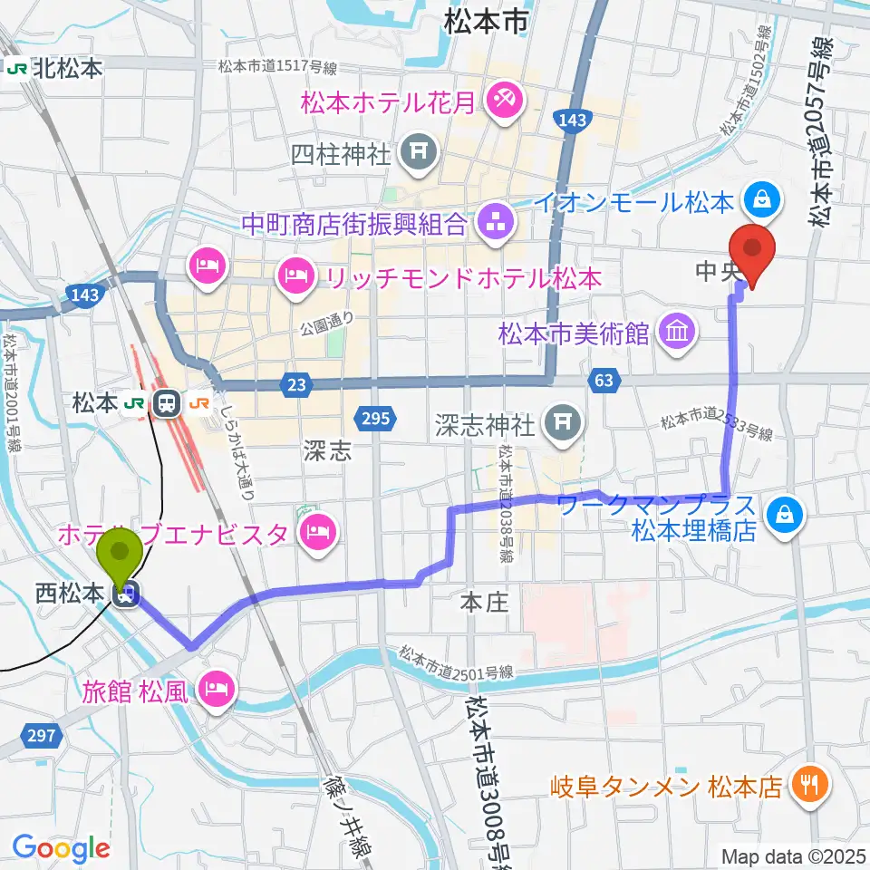 西松本駅から島村楽器 イオンモール松本店へのルートマップ地図
