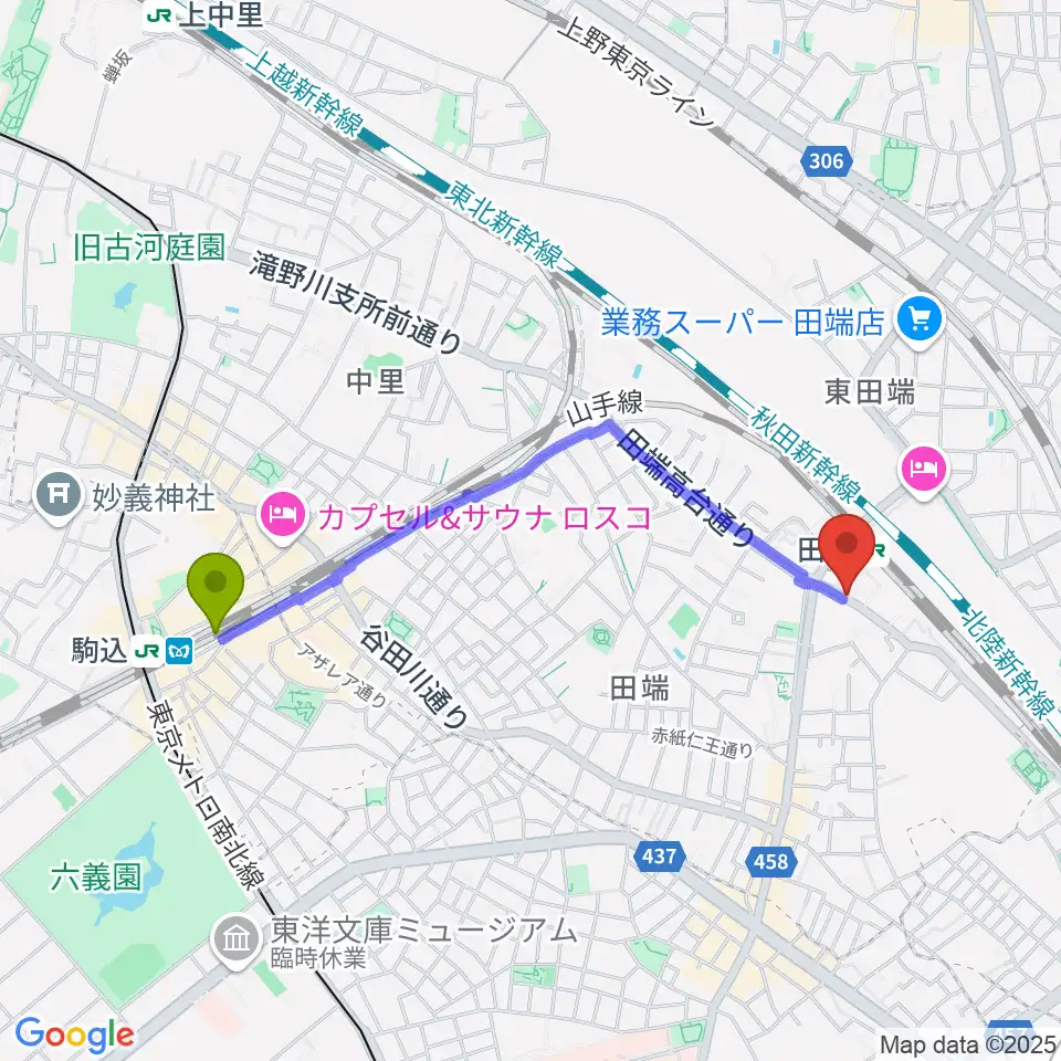 駒込駅から田端Pスタジオへのルートマップ地図